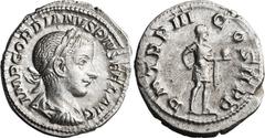 Roman Imperial Gordian III. Denarius; Gordian III; 238-244 AD, Rome, 241 AD, Denarius, 3.22g. C-243, RIC-115. Obv: IMP GORDIANVS PIVS FEL AVG Bust laureate, draped, cuirassed r. Rx: P M TR P III - C -