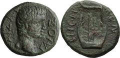 Roman Imperial Caligula. AE 16-18; Caligula; 37-41 AD, Sestus, Thrace, AE 16-18, 4.94g. RPC-1742 (3 spec.). Obv: ΓAIOΣ - [K]AIΣA[P] Head of Caligula bare r. Rx: CHCTI - WΝ Lyre.. F