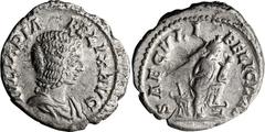 Roman Imperial Julia Domna. Denarius; Julia Domna; Uncertain, Denarius, 3.12g. Obv: IVLIA PIA - FELIX AVG, Bust draped r. Rx: SAECVLI - FELICITA[S] on l. and r., Isis standing r., placing l. foot on p