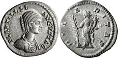 Roman Imperial Plautilla. Denarius; Plautilla; New-style Eastern Mint, 202-5 AD, Denarius, 2.82g. BM-738, pl. 46.6. Obv: PLAVTILLAE AVGVSTAE, Bust draped r. Rx: HIL - A - RITAS on l. and r., Hilaritas