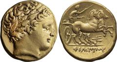 Ancient Greek Macedonia, Philip II. Stater; Macedonia, Philip II; 359-336 BC. Amphipolis, ca. 323/2-315 BC, Stater, 8.68g. Cf. Le Rider 181-6; SNG ANS 266. Obv: Laureate head of Apollo right. Rx: [ΦI]