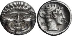 Ancient Greek Pangaean District, Neapolis. Achaean League Hemidrachm, ex BCD; Pangaean District, Neapolis; 424-350 BC, Hemidrachm, 1.92g. SNG ANS-444, SNG Cop-227/8. Obv: Gorgoneion. Rx: Young female 