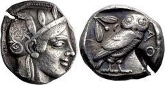 Ancient Greek Attica, Athens. Tetradrachm; Attica, Athens; c. 465-454 BC, Tetradrachm, 17.21g. Starr-Group V. Obv. Helmeted head of Athena r. Rx. Owl standing r., head front; behind, olive twig with t
