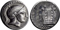 Ancient Greek Kalymna. Didrachm; Kalymna; 260/50-205 BC, Didrachm, 7.20g. SNG Kayhan-402, BMC-4, 7-8. Obv: Young male head, r., wearing crested helmet. Rx: Lyre.This island is almost non-existent in s