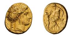 Calabria, Tarentum; 320 BC, Gold Stater, 8.54g. Fischer-Bossert-G5 (V4'/R5), specimen j (this coin). Obv: Head of Persephone right wearing slight veil, stephanos ornamented with palmette, and triple-p