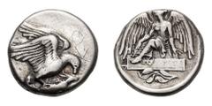 Elis, Olympia; 87th Olympiad, 432 BC, Stater, 12.11g. Seltman-133, BCD-55 (same dies), SNG Delepierre-2093. Obv: Eagle flying r. with wings above his body, grasping hare by the back with his talons an