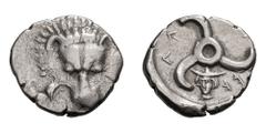 Lycia, Possibly Wedri; c. 400-380 BC, Tetrobol, 2.96g. Unpublished. Obv: Lion's scalp facing. Rx: Triskeles in round incuse with bust of Hermes facing.The reverse of this coin shows a facing bust of H