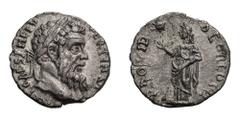 Pertinax; 193 AD, Alexandria, Denarius, 2.45g. C-43 (50 Fr.); cf. BM-13 and RIC-11a (mint of Rome). Obv: IMP CAES P HELV - PERTIN AV[G] Head laureate r. Rx: PROVID - DEOR COS II The Human Race standin
