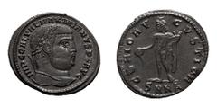 Galerius as Augustus; 305-311 AD. Nicomedia, c. 308-10 AD. Follis, 5.79g. RIC-54a (C), officina A=1. Rx: GENIO AV - GVSTI CMH Genius standing l., pouring liquid from patera and holding cornucopia, SMN