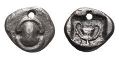 Boeotia, Thebes; 450-425 BC, Tetartemorion, 0.23g. BCD-380, SNG Cop-277. Obv: Boeotian shield. Rx: Θ - [E] - B Kantharos.Hole at 12 o'clock VF