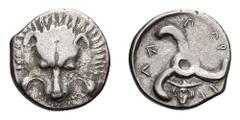Lycia, Possibly Wedri; c. 400-380 BC, Tetrobol, 3.17g. Unpublished. Obv: Lion's scalp facing. Rx: Triskeles with small bust of Hermes facing between two of the legs, all in round incuse.Areas of flat 