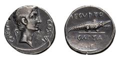 Augustus; 27 BC-14 AD, as Octavian, 28 BC, Denarius, 3.81g. BM-650, Paris-906, C-2 (25 Fr.), RIC-275a. Obv: CAESA[R] - COS VI Head bare r., lituus behind. Rx: AEGYPTO / CAPTA ("Egypt Captured") Crocod
