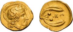 Sicily, Camarina; c.405 BC, Diobol, 1.18g. Westermark-Jenkins-206.10 (pl. 36), Jameson-528, SNG ANS-1209. Obv: Head of Athena r. wearing Attic helmet decorated with a hippocamp. Rx: Pair of olive leav