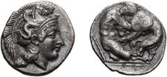 Lucania, Heraclea; c. 4th Century BC, Diobol, 1.09g. SNG ANS-30, HN Italy-911. Obv: Head of Athena r. with winged hippocamp on crested helmet. Rx: Herakles kneeling r., wrestling Nemean lion; club beh