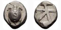 Attica, Aegina; 480-446 BC, Stater, 12.18g. Milbank-15, Period III. Obv: Sea turtle, the ridge of the shell ornamented with a row of dots and two smaller additional dots at the front. Rx: Five-part in