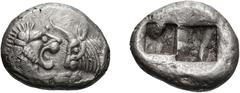 Lydia, Croesus; 565-546 BC. Siglos, 5.37g. Berk-13. Obv: Confronted foreparts of a roaring lion and a bull. Rx: Oblong punch divided into two squares.Lion's shoulder flatly struck Lion's shoulder flat