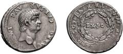Nero; 54-68 AD, Lugdunum, 60-1 AD, Denarius, 3.40g. BM-24, Paris-30, C-216, RIC-22. Obv: NERO - CAESAR - AVG - IMP Bare head r. Rx: [PONT]IF.MAX.TR.P.VII.COS.IIII.P[.P] Oak wreath surrounding EX.S C. 