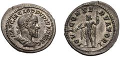Pupienus; 238 AD, Denarius, 3.14g. RIC-2, C-12 (10 Fr.). Obv: IMP C M CLOD PVPIENVS AVG Bust laureate, draped, cuirassed r. Rx: IOVI CONSE - RVATORI Jupiter standing l. holding thunderbolt and scepter