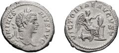 Caracalla; 198-217 AD, Rome, c. 206 AD, Denarius, 3.47g. C-626; BMC-p. 261, (g); RIC-171. Obv: ANTONINVS - PIVS AVG Head laureate r., unbearded. Rx: VICTORIAE AVGVST Victory, naked to waist, seated r.