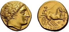 Greek Macedonia, Philip II, 359-336 BC. Stater; Macedonia, Philip II, 359-336 BC; Pella, c. 323/2-315 BC, Stater, 8.60g. Le Rider-580 (D242/R424), SNG ANS-191. Obv: Laureate head of Apollo r. Rx: F???