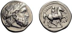 Greek Macedonia, Philip II, 359-336 BC. Stater; Macedonia, Philip II, 359-336 BC; Amphipolis III, c. 323-2-316/5 BC, Stater, 14.10g. Le Rider-6. Obv: Laureate head of Zeus r. Rx: F???? - ??? Naked you