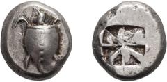 Greek Attica, Aegina. Stater; Attica, Aegina; c. 510-490 BC, Stater, 12.26g. Milbank-3. Obv: Smooth-shelled sea turtle with row of dots down center of shell. Rx: Union Jack pattern incuse. Ex Gemini X