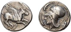 Greek Corinthia, Corinth. Stater; Corinthia, Corinth; c. 400-375 BC, Stater, 8.51g. Calciati-267. Obv: Helmeted head of Athena l., circle of four dolphins around. Rx: Pegasus flying r. ($700)