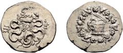 Greek Mysia, Pergamum. Cistophoric Tetradrachm; Mysia, Pergamum; c. 95-92 BC, Cistophoric Tetradrachm, 12.25g. Kleiner-17. Obv: Serpent emerging from cista mystica, all within ivy wreath. Rx: Two serp