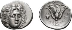 Greek Caria, Rhodes. Didrachm; Caria, Rhodes; 305-275 BC, Didrachm, 6.70g. Ashton-160, SNG Cop-730. Obv: Head of Helios facing, slightly r. Rx: Rose with bud; above, PO?I[ON]; in field l., amphora and