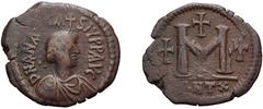 Byzantine Anastasius I. Follis; Anastasius I; 491-518 AD. Antioch, Follis, 14.44g. Berk-35, MIB-57, Sear-47. Obv: D N ANASTA - SIVS PP AVG Diademed bust r., cross above. Rx: Large M between two crosse