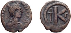 Byzantine Justin I. Scarce Half-follis; Justin I; 518-527 AD. Constantinople, Half Follis, 8.00g. Berk-49, MIB-18, Sear-68. Obv: [D] N IVS - T - NVS PP AV[G] (sic) Diademed bust r. Rx: Large K, to l. 