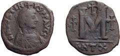 Byzantine Justin I. Follis; Justin I; 518-527 AD. Antioch, Follis, 12.10g. Berk-92, MIB-58, Sear-100. Obv: D N IVSTI - NVS PP AVG S (sic) Diademed bust r., cross above. Rx: Large M between two crosses