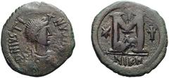 Byzantine Justin I. Follis; Justin I; 518-527 AD. Nicomedia, Follis, 16.07g. Berk-73, MIB-39, Sear-86. Obv: D N IVSTI - NVS PP A[VG] Diademed bust r., cross above. Rx: Large M between star and cross, 