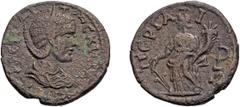 Roman Herennia Etruscilla. ; Herennia Etruscilla; Perga, Pamphylia, AE 22.5, 7.11g. RPC-1105 (1 spec.), pl. 75 (same dies). Obv: [E]PEN AI - TPO(?)CKI[??A - N CE] Bust draped r., wearing stephane. Rx:
