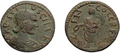 Roman Herennia Etruscilla. ; Herennia Etruscilla; Cremna, Pisidia, AE 24.5, 6.13g. Aulock, Pisidien-1481 (1 spec., same dies); RPC-973 (5 spec.). Obv: .ERE.ETR - VSCILLA AV - G Bust draped r. wearing 