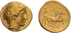 Ancient Gold Macedonia, Philip II. Stater; Macedonia, Philip II; 359-336 BC. Pella, c. 340-328 BC, Late Lifetime Issue, Stater, 8.59g. Cf. Le Rider-pl. 60-64, apparently new dies. Obv: Laureate head o