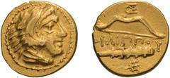 Ancient Gold Macedonia, Philip II. ; Macedonia, Philip II; 359-336 BC. Pella, c. 323/2-315 BC, 1/4 Stater, 1.76g. Cf. Le Rider-129/130, p. 250, pl. 85: 5 other specimens with the same symbols, but fro