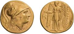 Ancient Gold Macedonia, Alexander III The Great, 336-323 BC. Stater; Macedonia, Alexander III The Great, 336-323 BC; Teos, c. 310-301 BC, Stater, 8.60g. Price-2283. Obv: Helmeted head of Athena r., sn