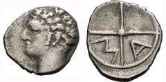 Ancient Greek Silver Gaul, Massalia. 1/8 Obol; Gaul, Massalia; 3rd Century BC, Obol, 0.66g. Obv: Young male head l. Rx: Wheel with four spokes, M-A in two lower quadrants.Coin is 10mm in diameter. Som