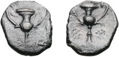 Ancient Greek Silver Calabria, Tarentum. AR 1/2 Obol; Calabria, Tarentum; Hemiobol, Calabria, Tarentum, 281-235 BC, 0.44g. Vlasto-1644, SNG Cop-1078. Kantharos on either side.. VF Buy price: $200