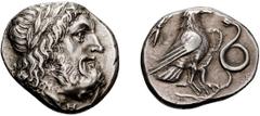 Ancient Greek Silver Elis, Olympia. Stater; Elis, Olympia; 270s-260s BC, Stater, 11.96g. Seltman-232, obv. die DC, but new rev. die. Not in BCD Olympia or BCD Peloponnesos. Obv: Laureate head of Zeus 