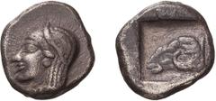 Ancient Greek Silver Troas, Cebren. Triobol; Troas, Cebren; 5th cent. BC, Triobol, 1.32g. SNG Aulock-1546. Obv: Archaic head of Apollo l. Rx: Ram's head l. in incuse square.Obverse in splendid archaic