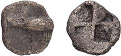 Ancient Greek Silver Mysia, Cyzicus. 1/8 Obol; Mysia, Cyzicus; c. 600-525 BC, Obol, 0.58g. SNG Aulock-7328. Obv: Tunny l. Rx: Four-part incuse.Scarce issue showing Tunny alone. Head of tunny off flan.