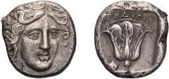 Ancient Greek Silver Caria, Rhodes. Tetradrachm; Caria, Rhodes; 408/7-405/4 BC, Tetradrachm, 15.29g. Bérend-6. Ashton-4. Obv: Head of Helios three-quarters right. Rx: ?????? Rose; pecten in lower left
