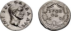 Roman Empire Galba. Denarius; Galba; 68-69 AD, Rome, Denarius, 3.62g. BM-34 corr., Paris-76, C-287, RIC-167. Obv: IMP SER GALBA AVG Head bare r. Rx: SPQR / OB / CS in three lines in oak wreath. Ex Gol