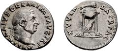 Roman Empire Vitellius. Denarius; Vitellius; 69 AD, Rome, Denarius, 2.96g. BM-39, RIC-109, Paris-77, C-111. Obv: A VITELLIVS GERM IMP AVG TR P Head laureate r. Rx: XV VIR SACR FAC Tripod, dolphin on t