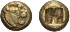 Greek Gold Lydia, Time of Alyattes. Hemihekte; Lydia, Time of Alyattes; 605-540 BC, EL Hemihekte, 1.19g. Weidauer-90. Obv: Lion's head r. Rx: Incuse square.. VF Buy Price: $1100