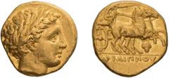 Greek Gold Macedonia, Philip II. Stater; Macedonia, Philip II; 359-336 BC. Pella, c. 345-340 BC, Lifetime Issue, Stater, 8.58g. Le Rider-pl. 53, D7/R13 (new die combination). Obv: Laureate head of Apo