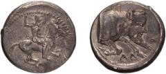 Greek Silver Sicily, Gela. Didrachm; Sicily, Gela; 490-475 BC, Didrachm, 8.69g. Jenkins-59 (O18/R24). Obv: Helmeted, naked warrior wielding spear on horse prancing r. Rx: Forepart of man-headed bull r