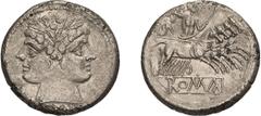 Roman Republic & Imperatorial Anonymous. Didrachm; Anonymous; Rome, c. 225-212 BC, Didrachm, 6.40g. Cr-28/3, Syd-64d. Obv: Laureate, Janiform head of Dioscuri. Rx: Jupiter raising thunderbolt and hold